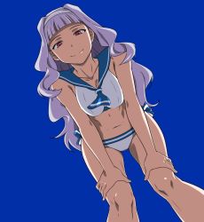 Rule 34 | 1girl, bikini, blue background, blunt bangs, blush, breasts, cleavage, from below, hairband, hands on own knees, idolmaster, idolmaster (classic), long hair, looking at viewer, navel, puge, red eyes, sailor bikini, sailor collar, sailor swimsuit (idolmaster), shijou takane, silver hair, simple background, smile, solo, swimsuit