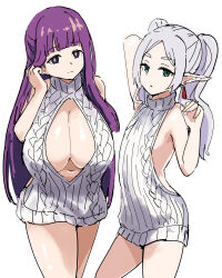 Rule 34 | 2girls, absurdres, adjusting hair, alternate costume, aran sweater, backless outfit, blunt bangs, breasts, cable knit, cleavage, commentary request, drop earrings, earrings, elf, fern (sousou no frieren), frieren, green eyes, grey hair, highres, huge breasts, jewelry, long hair, looking at viewer, meme attire, multiple girls, naked sweater, navel, parted bangs, pointy ears, purple eyes, purple hair, sidelocks, small breasts, sousou no frieren, straight hair, sweater, tenten (chan4545), thick eyebrows, turtleneck, turtleneck sweater, twintails, virgin killer sweater, white background, white sweater