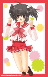Rule 34 | 00s, 1girl, ahoge, black hair, blush, bow, clenched hand, clenched hands, hazuki ruka, jumping, legs, looking at viewer, panties, pantyshot, pink bow, pleated skirt, red eyes, school uniform, serafuku, shoes, short hair, short twintails, skirt, socks, solo, striped clothes, striped panties, thigh gap, to heart (series), to heart 2, twintails, underwear, wind, wind lift, yuzuhara konomi