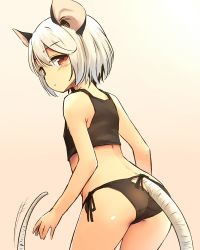 Rule 34 | 1girl, animal ears, ass, back, blush, cowboy shot, crop top, from behind, gradient background, highres, looking at viewer, looking back, mouse ears, mouse tail, nazrin, panties, red eyes, short hair, silver hair, sleeveless, solo, tail, tail wagging, touhou, underwear, yudepii