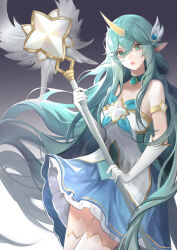Rule 34 | 1girl, absurdres, bare shoulders, blue dress, breasts, choker, dress, frilled dress, frills, gem, gloves, gradient background, green choker, green eyes, green hair, grey background, hair between eyes, hair ornament, highres, holding, holding staff, horns, large breasts, league of legends, long hair, parted lips, pointy ears, saikayo, single horn, solo, soraka (league of legends), staff, star (symbol), star guardian (league of legends), star guardian soraka, teeth, white dress, white gloves, wings