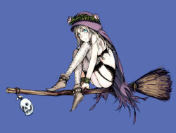 Rule 34 | blue background, broom, broom riding, fishnet thighhighs, fishnets, full body, garter belt, haimura kiyotaka, hair between eyes, messy hair, own hands together, pointy footwear, simple background, sitting, skull, thighhighs, torn clothes, underwear, underwear only, witch