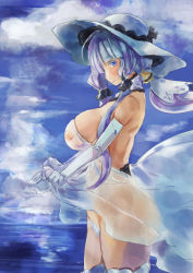 Rule 34 | 1girl, azur lane, backless dress, backless outfit, bad id, bad pixiv id, blue eyes, blue sky, blush, breasts, closed mouth, clothes lift, cloud, cloudy sky, covered erect nipples, cowboy shot, day, detached collar, dress, dress lift, eyelashes, female pubic hair, hair ribbon, hat, illustrious (azur lane), large breasts, long hair, looking at viewer, no panties, outdoors, ponytail, profile, pubic hair, ribbon, see-through, sidelocks, silver hair, sky, smile, solo, sun hat, thighhighs, thighs, white dress, white hat, white thighhighs, wind, yohane
