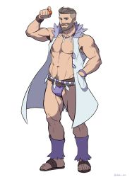 Rule 34 | 1boy, abs, armpit hair, armpit hair peek, artist name, bara, bare pectorals, beard, belt, bracelet, briefs, brown belt, bulge, coat, creatures (company), facial hair, flip-flops, game freak, hand in pocket, highres, holding, holding poke ball, jewelry, lab coat, large pectorals, looking at viewer, male focus, male underwear, manly, muscular, muscular male, navel, necklace, nintendo, nipples, open clothes, open coat, open mouth, pectorals, poke ball, pokemon, pokemon sv, purple male underwear, sada (pokemon), sandals, short hair, simple background, sleeveless, smile, solo, turo (pokemon), undercut, underwear, vit (vitamin bara), white background