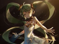 Rule 34 | 1girl, aqua hair, armlet, bare shoulders, beamed eighth notes, bracelet, collar, commentary, dress, eighth note, elbow gloves, gloves, gold trim, hair ornament, half-closed eyes, hatsune miku, highres, jewelry, long hair, miku symphony (vocaloid), musical note, omutatsu, outstretched arms, quarter note, ribbon, smile, solo, spotlight, staff (music), strapless, strapless dress, twintails, upper body, very long hair, vocaloid, white dress