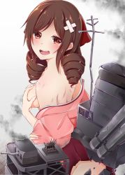 Rule 34 | 10s, 1girl, bandaid, breast hold, breasts, brown hair, covering privates, covering breasts, drill hair, gun, hair ribbon, harukaze (kancolle), japanese clothes, kantai collection, kimono, long hair, machine gun, machinery, medium breasts, red eyes, ribbon, solo, suishin tenra, suitenjh, torn clothes, torpedo, turret, twin drills, weapon