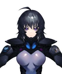 Rule 34 | 1girl, artist request, ayamine kei, breasts, eyebrows hidden by hair, fortified suit, frown, large breasts, medium hair, muv-luv, muv-luv alternative, official art, pilot suit, project mikhail, purple eyes, skin tight, solo, transparent background, upper body, v-shaped eyebrows