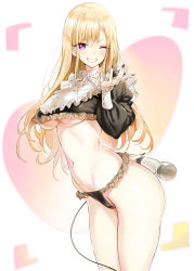 Rule 34 | 1girl, arm behind back, black nails, black panties, black shirt, blonde hair, blush, breasts, commentary request, crop top, frilled panties, frilled shirt, frills, grin, groin, hand up, heart, highres, hitachi magic wand, holding, kitagawa marin, long hair, long sleeves, looking at viewer, medium breasts, nail polish, navel, one eye closed, panties, puffy long sleeves, puffy sleeves, purple eyes, sex toy, shirt, smile, solo, sono bisque doll wa koi wo suru, underboob, underwear, very long hair, vibrator, white background, youta