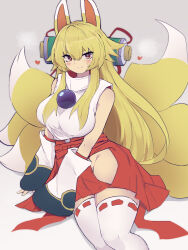 Rule 34 | 1girl, animal ears, bare shoulders, blonde hair, blush, breasts, closed mouth, detached sleeves, fox ears, fox girl, fox tail, heart, izuna (shinrabanshou), japanese clothes, large breasts, looking at viewer, miko, multiple tails, scroll, shinrabanshou, sitting, smile, solo, tail, thighhighs, white thighhighs, yonaga san