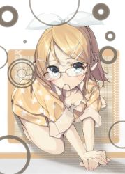 Rule 34 | 1girl, all fours, aqua eyes, arm support, bad id, bad pixiv id, barefoot, bespectacled, blonde hair, blush, breasts, cleavage, downblouse, dress shirt, feet, fingernails, furukawa itsuse, glasses, hair ornament, hair ribbon, hairclip, highres, kagamine rin, looking at viewer, mouth hold, naked shirt, no bra, open clothes, open shirt, ribbon, shirt, short hair, sitting, sleeves rolled up, small breasts, solo, star (symbol), star print, toenails, toes, v arms, vocaloid