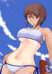 Rule 34 | 00s, 1girl, bandeau, bikini, blush, bottle, breasts, day, heterochromia, large breasts, looking at viewer, lotion, aged up, one-piece tan, rozen maiden, side-tie bikini bottom, sky, smile, solo, souseiseki, sunscreen, swimsuit, tan, tanline, underboob