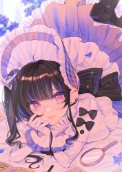 Rule 34 | 1girl, 43 pon, black bow, black hair, bonnet, book, bow, dress, flower, frills, glasses, gloves, highres, lolita fashion, long sleeves, looking at viewer, loupe, lying, on stomach, original, pink eyes, shoes, smile, solo, white dress, white gloves