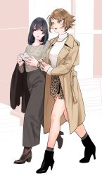Rule 34 | 2girls, absurdres, alternate costume, animal print, black footwear, black hair, black pants, boots, breasts, brown coat, brown footwear, brown hair, cellphone, coat, commentary, earrings, full body, high heel boots, high heels, highres, holding, holding clothes, holding jacket, holding phone, jacket, unworn jacket, jewelry, kantai collection, large breasts, leopard print, long sleeves, medium breasts, multiple girls, mutsu (kancolle), necklace, open clothes, open coat, pants, parted lips, phone, red eyes, shishanmo, short hair, simple background, skirt, smartphone, sweater, walking, watch, white sweater, wristwatch, yamashiro (kancolle)