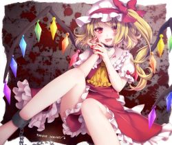 Rule 34 | 1girl, blonde hair, blood, blood splatter, blush, bow, chain, character name, choker, cuffs, fang, flandre scarlet, frilled skirt, frills, hat, long hair, looking at viewer, nanamiya, open mouth, ponytail, red eyes, shackles, short sleeves, skirt, solo, touhou, wings