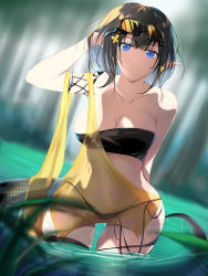 Rule 34 | 1girl, arknights, arm behind back, bad id, bad pixiv id, bandeau, bare shoulders, bikini, black hair, blue eyes, breasts, cleavage, covered navel, earrings, eunectes (arknights), goggles, goggles on head, hair ornament, hand in own hair, highres, in water, jewelry, looking at viewer, medium breasts, midriff, navel, parted lips, pointy ears, see-through, short hair, skindentation, snake tail, solo, strapless, swimsuit, tail, thigh strap, thighs, tube top, wading, wet, xi ying
