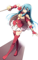 Rule 34 | 1girl, aqua eyes, aqua hair, armor, boots, bracelet, breastplate, earrings, eirika (fire emblem), fingerless gloves, fire emblem, fire emblem: the sacred stones, full body, gloves, hair between eyes, highres, holding, holding sword, holding weapon, jewelry, long hair, looking at viewer, minamonochaba, nintendo, parted lips, red footwear, red gloves, red shirt, shirt, shoulder armor, sidelocks, skirt, solo, sword, thigh boots, weapon, white background, white skirt