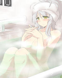 Rule 34 | 10s, 1girl, bandaged fingers, bandages, bath, bathing, blush, breasts, convenient censoring, goma (gomasamune), highres, kantai collection, knees up, large breasts, nude, own hands clasped, own hands together, shoukaku (kancolle), solo, steam, steam censor, towel, towel on head