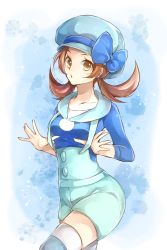 Rule 34 | 1girl, alternate color, black shirt, blue bow, blue hat, blue shorts, bow, brown hair, collarbone, cowboy shot, creatures (company), game freak, hat, hat bow, highres, long hair, long sleeves, looking at viewer, low twintails, lyra (pokemon), nintendo, open mouth, pokemon, pokemon hgss, shirt, short shorts, shorts, solo, standing, suspender shorts, suspenders, thighhighs, twintails, yellow eyes, yomogi (black-elf), zettai ryouiki