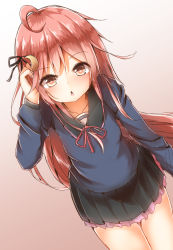 Rule 34 | 10s, 1girl, ahoge, collarbone, highres, kantai collection, long hair, long sleeves, looking at viewer, mizushina minato, open mouth, personification, pink eyes, pink hair, school uniform, skirt, solo, uzuki (kancolle), very long hair