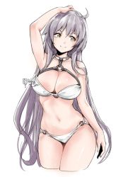 Rule 34 | 1girl, ahoge, arm at side, arm up, armpits, artist name, bare arms, bare shoulders, bikini, blush, breasts, brown eyes, character request, cleavage, closed eyes, closed mouth, collarbone, commentary request, copyright name, copyright request, cropped legs, fate (series), grey hair, hand on own head, head tilt, highres, jeanne d&#039;arc (fate), jeanne d&#039;arc alter (avenger) (fate), jeanne d&#039;arc alter (fate), large breasts, long hair, looking away, looking to the side, navel, o-ring, o-ring bikini, o-ring top, relaxjon, signature, simple background, smile, solo, stomach, straight hair, swimsuit, very long hair, white background, white bikini