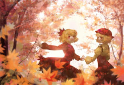 2girls aki_minoriko aki_shizuha ankh_order autumn_leaves blonde_hair dappled_sunlight food fruit grapes hair_ornament hat highres holding_hands leaf leaf_hair_ornament leaf_on_head long_sleeves looking_at_viewer maple_leaf mob_cap multiple_girls open_mouth red_eyes red_hat red_skirt red_vest short_hair siblings sisters skirt skirt_set sunlight touhou tree tree_shade vest