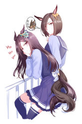 Rule 34 | 2girls, air groove (umamusume), animal ears, annoyed, blush, brown eyes, brown hair, closed mouth, cropped legs, elbow rest, frown, hair ornament, hairclip, hand on own cheek, hand on own face, horse ears, horse girl, horse tail, intertwined tails, long hair, long sleeves, looking at another, looking at viewer, looking to the side, mejiro dober (umamusume), multiple girls, purple shirt, purple skirt, purple thighhighs, railing, romi (346 ura), sailor collar, school uniform, shirt, short hair, skirt, sweatdrop, tail, thighhighs, thought bubble, tracen school uniform, umamusume, v-shaped eyebrows, white background