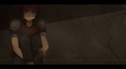 Rule 34 | 1girl, arc the lad iii, bandages, cheryl (arc the lad), closed mouth, commentary request, gloves, letterboxed, looking at viewer, namerow chang, pants, red hair, shaded face, short hair, sitting, solo
