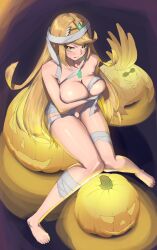 Rule 34 | 1girl, bandages, barefoot, blonde hair, breasts, commentary request, feet, halloween, highres, jack-o&#039;-lantern, knees together feet apart, large breasts, legs, long hair, looking at viewer, looking up, monoi daru, mythra (xenoblade), naked bandage, nude, pumpkin, sitting, solo, swept bangs, thighs, tiara, toenails, toes, very long hair, xenoblade chronicles (series), xenoblade chronicles 2, yellow eyes