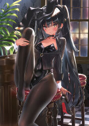 Rule 34 | 1girl, animal ears, ass, black choker, black hair, black hairband, black jacket, black leotard, black nails, brown pantyhose, choker, cocktail glass, covered navel, cropped jacket, cup, dark-skinned female, dark skin, drinking glass, fake animal ears, feet, frown, hairband, hand on own leg, highleg, highleg leotard, indoors, jacket, knee up, komiya nigi, legs, leotard, long hair, long sleeves, looking at viewer, nail polish, no shoes, original, pantyhose, parted lips, playboy bunny, rabbit ears, second-party source, sitting, sleeves rolled up, solo, stool, strapless, strapless leotard, striped clothes, striped jacket, thighs, toes, two side up, underbust, very long hair, window, wrist cuffs, yellow eyes