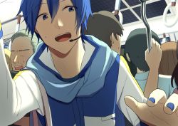 Rule 34 | 1boy, blue eyes, blue hair, blue nails, blue scarf, coat, commentary, crowd, faceless, faceless male, falling, handrail, kaito (vocaloid), male focus, nail polish, nokuhashi, open mouth, pole, pov, scarf, sweat, train, train interior, upper body, vocaloid, white coat