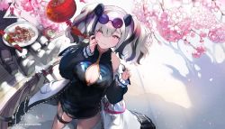 Rule 34 | 160mp, 1girl, animal ears, arknights, artist name, bare shoulders, black dress, black hair, breasts, cleavage, cleavage cutout, clothing cutout, commentary request, cowboy shot, dress, eyewear on head, feater (arknights), food, hair between eyes, hands up, highres, jacket, lantern, large breasts, long hair, long sleeves, looking at viewer, multicolored hair, open clothes, open jacket, panda ears, paper lantern, pink eyes, plate, rhodes island logo (arknights), short dress, silver hair, solo, standing, streaked hair, sunglasses, thick eyebrows, thighs, twintails, twitter username