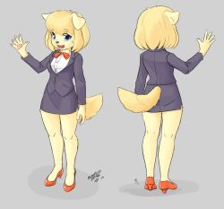 Rule 34 | 1girl, :3, animal ears, animal hands, animal nose, arrow (symbol), artist name, black jacket, black skirt, blasticussaturn, blonde hair, blue eyes, body fur, breasts, buttons, clothing cutout, dated, dog ears, dog girl, dog tail, female focus, formal, furry, furry female, grey background, hand up, happy, high heels, highres, jacket, kneepits, legs, long sleeves, looking at viewer, miniskirt, multiple views, neck ribbon, open mouth, original, pawpads, pencil skirt, red footwear, red ribbon, ribbon, self-upload, shirt, shoes, short hair, side slit, sidelocks, signature, simple background, skirt, skirt suit, small breasts, smile, snout, suit, swept bangs, tail, tail through clothes, thighs, waving, white shirt, yellow fur