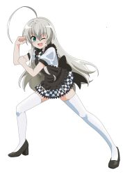 Rule 34 | 1girl, ;d, absurdres, ahoge, apron, black apron, black footwear, checkered clothes, checkered skirt, clenched hands, frilled apron, frills, full body, green eyes, grey hair, hair between eyes, haiyore! nyaruko-san, hands up, high heels, highres, long hair, looking at viewer, nyarlathotep (nyaruko-san), nyaru (nyaru 4126), one eye closed, open mouth, pleated skirt, puffy short sleeves, puffy sleeves, shirt, shoes, short sleeves, simple background, skirt, smile, solo, thighhighs, very long hair, white background, white shirt, white thighhighs