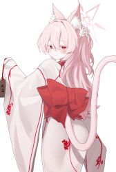 Rule 34 | 1girl, absurdres, akira (blue archive), albino, alternate costume, animal ear fluff, animal ears, blue archive, blush, cat ears, cat girl, cat tail, closed mouth, colored eyelashes, danbal, hair between eyes, halo, highres, japanese clothes, kimono, long sleeves, looking at viewer, obi, pink hair, pink halo, red eyes, sash, simple background, smile, solo, tail, white background, white kimono, wide sleeves