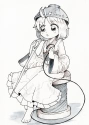 Rule 34 | 1girl, absurdres, ahoge, barefoot, belt, bowl, bowl hat, dress, dungeon toaster, grey belt, grey eyes, grey hat, greyscale, hands up, hat, highres, japanese clothes, kimono, long sleeves, looking down, looking to the side, mini person, minigirl, monochrome, needle, open mouth, shadow, short hair, simple background, sitting, solo, sukuna shinmyoumaru, touhou, white background, white dress, white hair, white kimono, white sleeves, wide sleeves