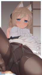 Rule 34 | 1girl, animal ears, arm support, bare shoulders, black pantyhose, blue eyes, blush, bow, bow panties, brown hair, center frills, closed mouth, commentary request, crotch seam, dog ears, feet, frills, gusset, hair between eyes, highres, indoors, leaning back, long hair, looking at viewer, no shoes, original, panties, panties under pantyhose, pantyhose, ponytail, shirt, sitting, skirt, sleeveless, sleeveless shirt, smile, solo, spread legs, tachimi (basue), thighband pantyhose, toes, underwear, upskirt, white panties, white shirt