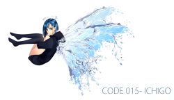 Rule 34 | 10s, 1girl, black hoodie, blue hair, blue wings, butterfly wings, commentary, darling in the franxx, earrings, full body, green eyes, hair ornament, hairclip, halo, hood, hoodie, ichigo (darling in the franxx), insect wings, jewelry, rebyo, short hair, solo, thighhighs, white background, wings