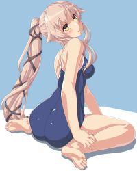 Rule 34 | 1girl, ass, bare arms, bare legs, bare shoulders, barefoot, blue one-piece swimsuit, blush, breasts, dd (ijigendd), highres, kantai collection, long hair, medium breasts, one-piece swimsuit, open mouth, pink hair, ponytail, sitting, solo, swimsuit, very long hair, wariza, yellow eyes, yura (kancolle), yura kai ni (kancolle)