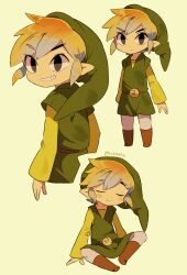Rule 34 | 1boy, :&lt;, artist name, belt, black eyes, blonde hair, blush, boots, brown belt, brown footwear, closed eyes, closed mouth, commentary request, expressionless, green background, green hat, green shirt, green tunic, grin, hair between eyes, hat, highres, link, long sleeves, looking at viewer, looking back, male focus, multiple views, nintendo, pointy ears, shirt, short hair, sidelocks, simple background, sitting, smile, solo, teeth, the legend of zelda, the legend of zelda: the wind waker, tokuura, toon link, tunic, twitter username, u u, v-shaped eyebrows