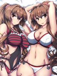 Rule 34 | 2girls, 547th sy, adapted costume, arms up, bed, bed sheet, bikini, blush, breasts, brown hair, cleavage, clone, dated, flower, frilled swimsuit, frills, hair between eyes, hair flower, hair intakes, hair ornament, hair scrunchie, highres, kantai collection, large breasts, long hair, looking at viewer, lying, multiple girls, on back, on bed, on side, one-piece swimsuit, open mouth, pink flower, scrunchie, sidelocks, smile, striped clothes, striped one-piece swimsuit, swimsuit, twitter username, white bikini, yamato (kancolle)