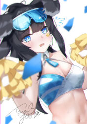 Rule 34 | 1girl, absurdres, animal ears, bare shoulders, black hair, blue archive, blue eyes, blush, breasts, cheerleader, confetti, crop top, dog ears, dog girl, dutch angle, eyewear on head, flying sweatdrops, goggles, goggles on head, hibiki (blue archive), hibiki (cheer squad) (blue archive), highres, holding, holding pom poms, long hair, looking at viewer, medium breasts, millennium cheerleader outfit (blue archive), navel, official alternate costume, pom pom (cheerleading), pom poms, signature, simple background, sleeveless, solo, star sticker, sticker on face, tsugumiyusa, upper body