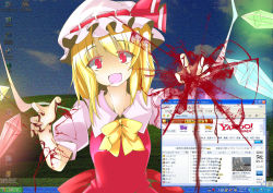 Rule 34 | 1girl, ascot, blonde hair, blood, blouse, crystal, embodiment of scarlet devil, female focus, flandre scarlet, fourth wall, hat, hat ribbon, highres, internet explorer, looking at viewer, mob cap, open mouth, pink shirt, puffy short sleeves, puffy sleeves, red eyes, red shirt, ribbon, shirt, short sleeves, skype, solo, through medium, through screen, to-hou eiyasyou, touhou, window (computing), windows xp, wings, yahoo!, yellow ascot, you gonna get raped
