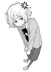 Rule 34 | 1girl, anger vein, annoyed, arisancake, bow, bowtie, clenched hands, clenched teeth, collared shirt, commentary, from above, full body, greyscale, highres, jacket, light blush, long sleeves, looking at viewer, monochrome, open clothes, open jacket, original, perspective, school uniform, shirt, short hair, simple background, skirt, solo, teeth