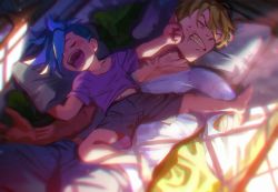 Rule 34 | 2boys, aged down, amputee, annoyed, bed, blonde hair, blue hair, blush, child, clenched teeth, closed eyes, collarbone, drooling, galo thymos, highres, indoors, kray foresight, male focus, meipu hm, multiple boys, on bed, open mouth, pants, pillow, promare, saliva, shirt, short hair, shorts, sleeping, sleeping on person, snoring, spiked hair, teeth