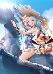 Rule 34 | 1girl, bare shoulders, blue eyes, blue hair, blue one-piece swimsuit, bracelet, creature, flower, gladiator sandals, hair flower, hair ornament, hand on headwear, hat, highres, inflatable toy, jewelry, kamishiro mai (capti-no), long hair, lyria (daughter of pearl) (granblue fantasy), lyria (granblue fantasy), ocean, one-piece swimsuit, sandals, solo focus, straw hat, summer, sun hat, swimsuit, very long hair, vyrn (granblue fantasy)