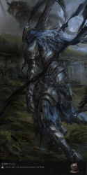 Rule 34 | 1boy, animal, arm at side, armor, artorias the abysswalker, blue capelet, capelet, copyright name, dark souls (series), dark souls i, english text, facing away, faulds, full armor, full body, gauntlets, great grey wolf sif, greatsword, greaves, helmet, highres, holding, holding sword, holding weapon, hood, knight, leaning forward, looking at another, male focus, outdoors, over shoulder, pauldrons, plume, shoulder armor, standing, stu dts, sword, walking, water, weapon, wolf, yellow eyes