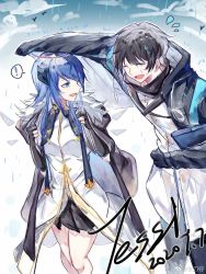 Rule 34 | 1boy, 1girl, alternate costume, arknights, artist request, black hair, blue hair, covering privates, demon horns, doctor (arknights), elbow gloves, energy wings, gloves, highres, horns, jacket, laughing, long jacket, male doctor (arknights), mostima (arknights), mostima (spellbreaker) (arknights), official alternate costume, rain, wet, wet clothes