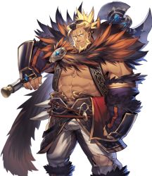 Rule 34 | 1boy, abs, another eidos-r, axe, bara, bare shoulders, beard, blonde hair, boots, bulge, dark-skinned male, dark skin, facial hair, fai (fai-storage), feather trim, feet out of frame, fur (clothing), grin, holding, holding axe, knee boots, large pectorals, looking at viewer, male focus, mature male, muscular, muscular male, navel, official art, over shoulder, pants, pectoral cleavage, pectorals, ragnar (another eidos), scar, scar on stomach, short hair, sidepec, smile, smirk, solo, stomach, torn clothes, torn pants, transparent background, vambraces, weapon, weapon over shoulder, white pants