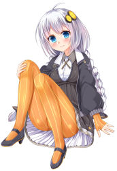 Rule 34 | 1girl, black dress, black footwear, black jacket, blue eyes, blush, braid, breasts, closed mouth, dress, gloves, hair ornament, hand on own knee, head tilt, high heels, jacket, kizuna akari, knees up, long hair, long sleeves, looking at viewer, low twintails, medium breasts, open clothes, open jacket, orange gloves, orange pantyhose, pantyhose, puffy long sleeves, puffy sleeves, shoes, silver hair, simple background, sitting, smile, solo, striped clothes, striped gloves, striped legwear, striped pantyhose, twin braids, twintails, umitonakai, vertical-striped clothes, vertical-striped gloves, vertical-striped pantyhose, very long hair, vocaloid, voiceroid, white background