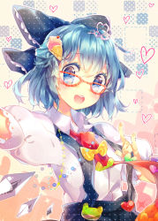Rule 34 | 1girl, bad id, bad pixiv id, bespectacled, blue eyes, blue hair, bow, cirno, food, glasses, hair bow, hair ornament, heart, ice cream, matching hair/eyes, namie-kun, short hair, smile, solo, suspenders, touhou, upper body
